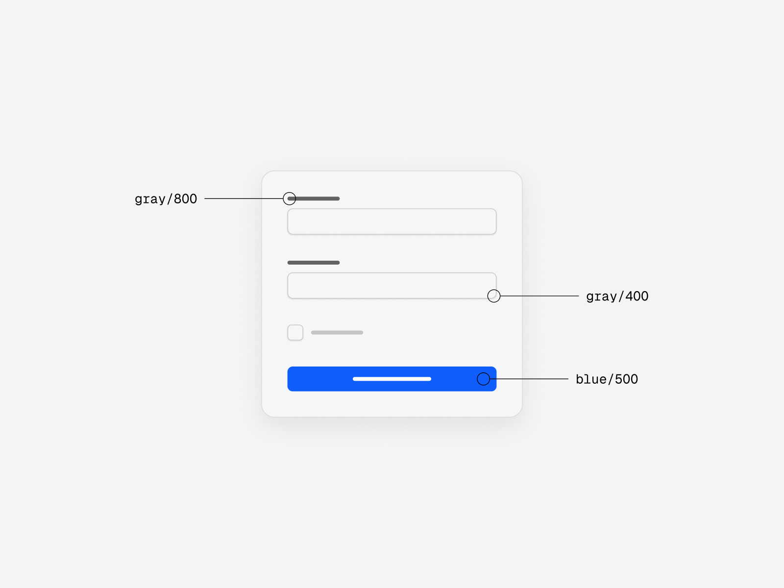 Primitive tokens applied to UI, using a 100–900 lightness scale
