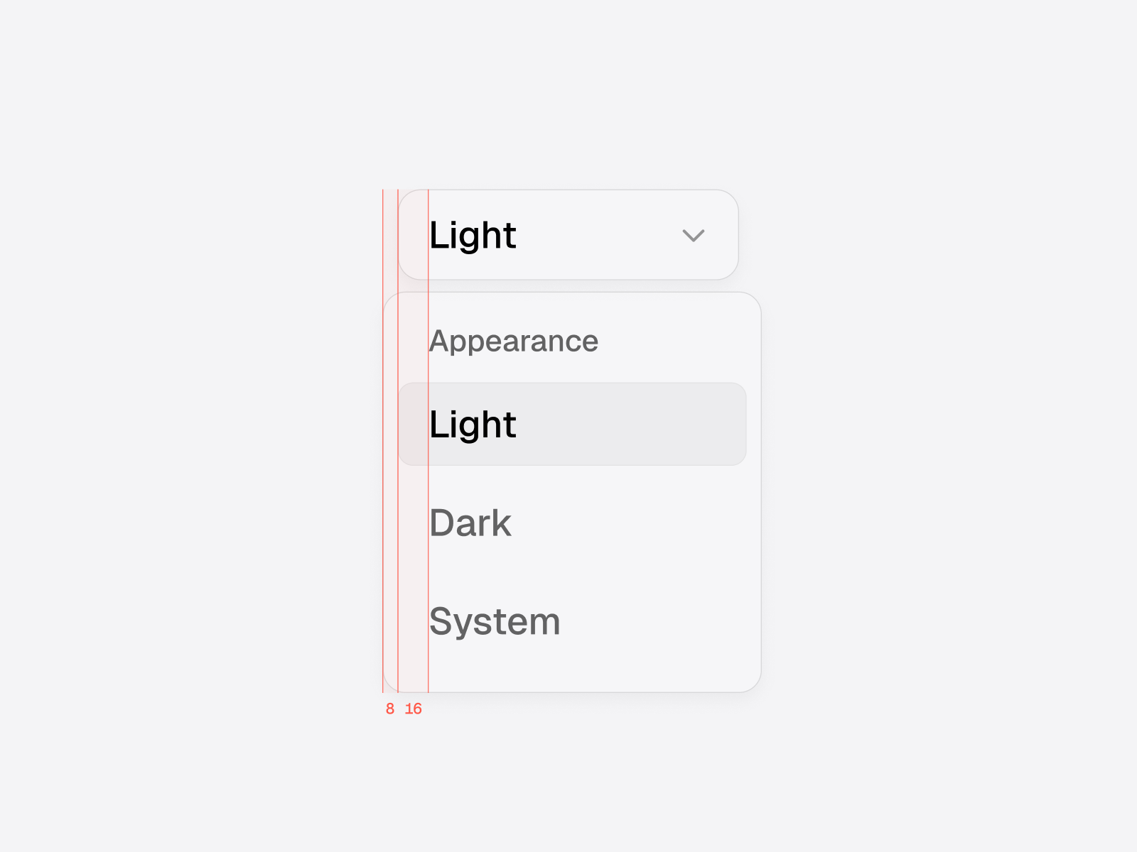 The dropdown is offset by 8px to the left, aligning the menu items with the trigger label